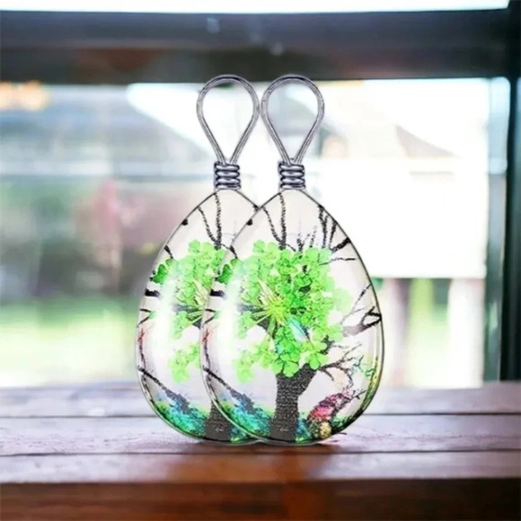 Resin Flower Pressed & Tree Oval Pendant Charm Stainless Steel Necklace - Picture 3 of 3